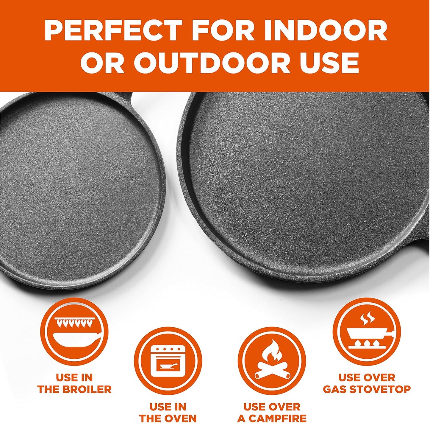 Commercial CHEF 3-Piece Cast Iron Griddle Set, Pre-Seasoned Cast Iron, Includes 8”, 10” & 12” Griddle Pans, Works on All Cooktops Including Induction, Outdoor Cookware for Campfires, CHCI81012