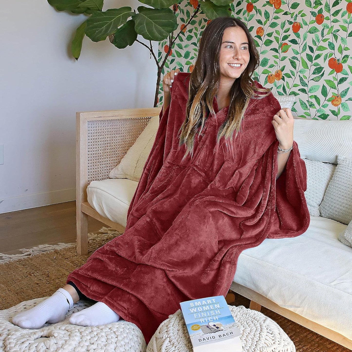 Poncho Blanket Super Soft Comfy Plush Wearable Fleece Blankets Gift for Adult Women Men Kids Throw Wrap Cover Indoors & Outdoors, 55''x 80'' Wine