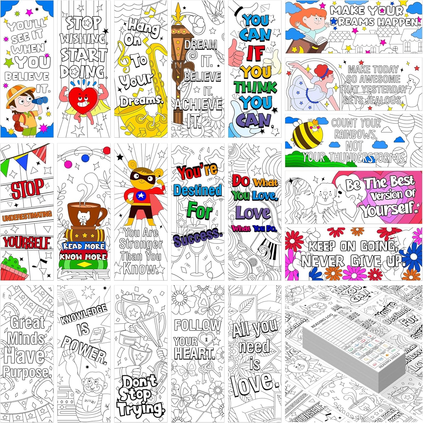 120 PCS Inspirational Bookmarks, 30 Designs DIY Coloring Book Markers Double-Sided Motivational Page Holder for Students, Color Your Own Bookmark for Class Gifts, Kids, Adults, Teachers, Book Lovers