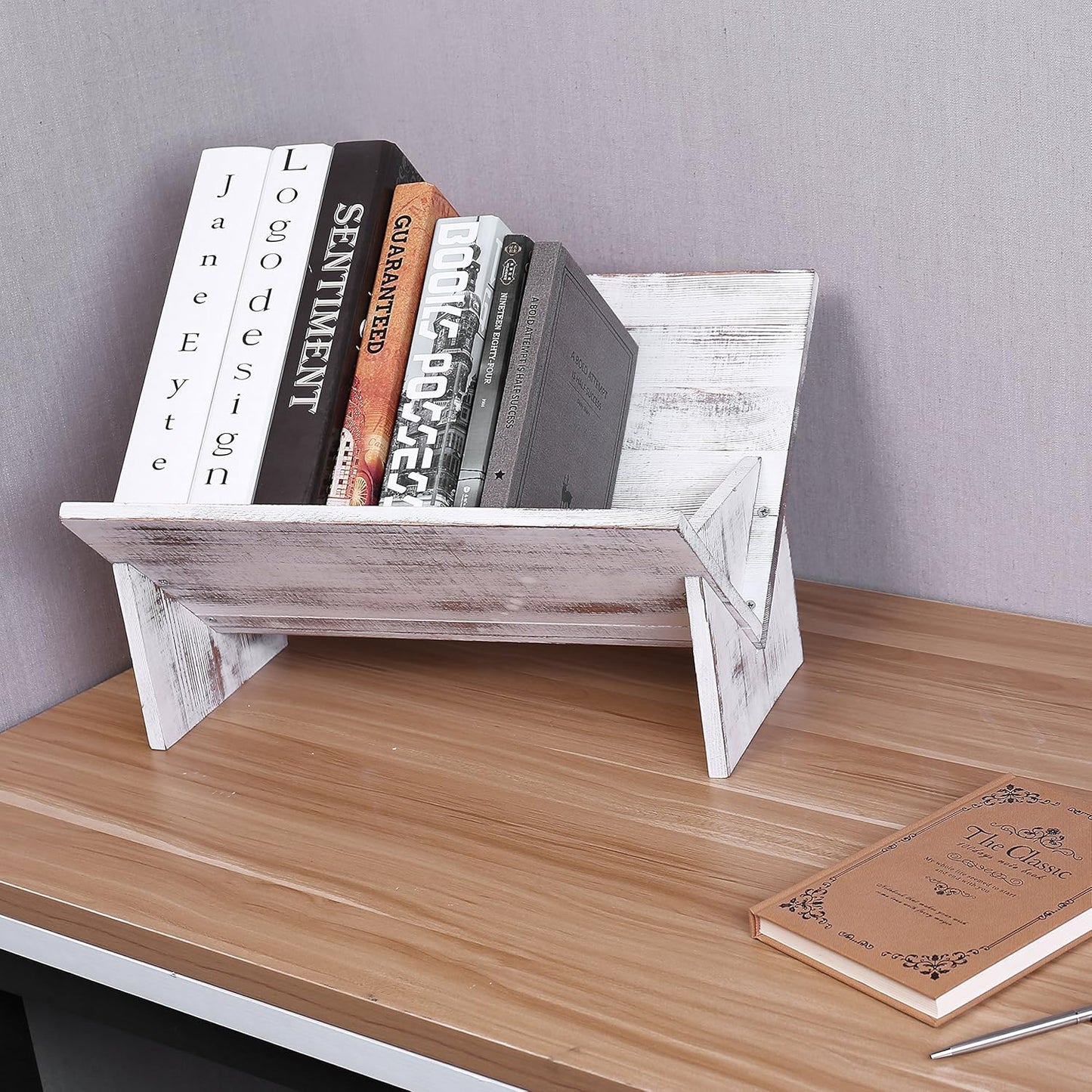 MyGift Shabby Whitewashed Solid Wood Desk Top Tilted Small Bookshelf, Decorative Wooden Tabletop Book Stand