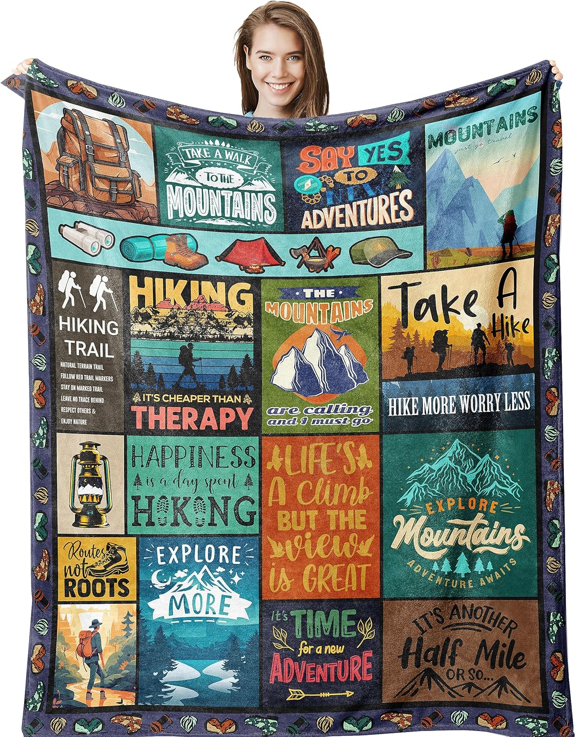 Amonee-YL Hiking Gift Blanket 50"X60", Hiking Gifts for Women Men, Gifts for Hikers, Outdoor Adventure Mountain Gift, Christmas Birthday Presents for Hikers