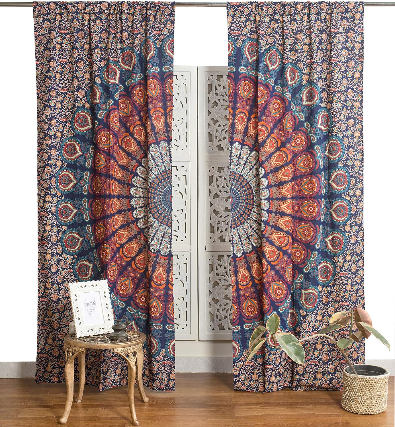 Popular Handicrafts Indian Hippie Bohemian Beautiful Peacock Mandala Curtain Panels Room Divider Blue