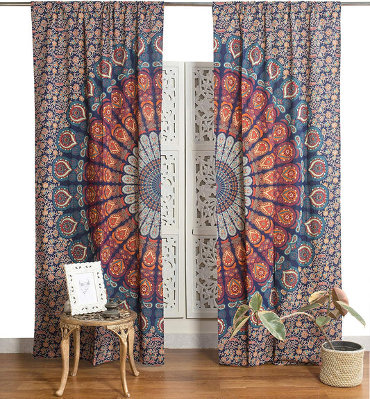 Popular Handicrafts Indian Hippie Bohemian Beautiful Peacock Mandala Curtain Panels Room Divider Blue