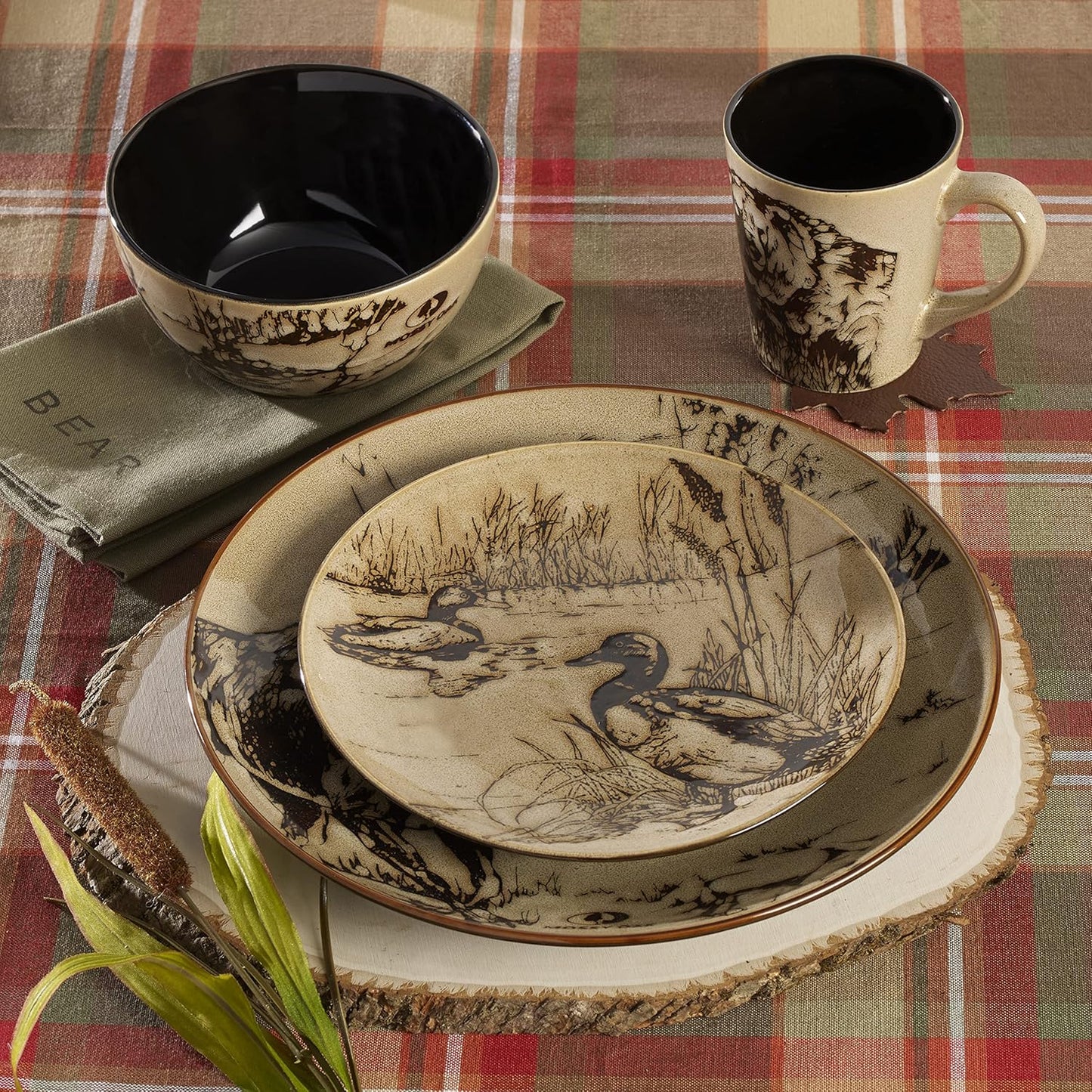 Mossy Oak Animal Print 16 Piece Dinnerware Set, Service for 4, Black and Beige