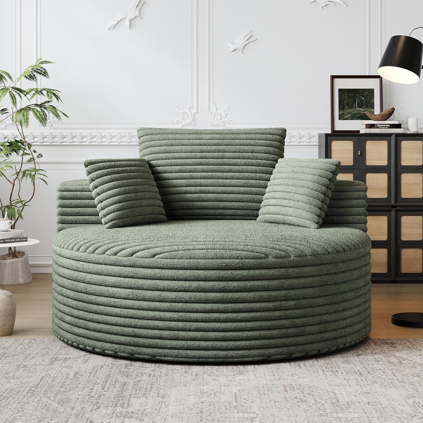 50" Oversized Round Chair Lounge Chaise Indoor, Modern Upholstered Corduroy Cloud Circle Chair with Deep Seat, Comfy Fluffy Sleeper Sofa for Reading, Living Room, Bedroom, No Assembly, Green