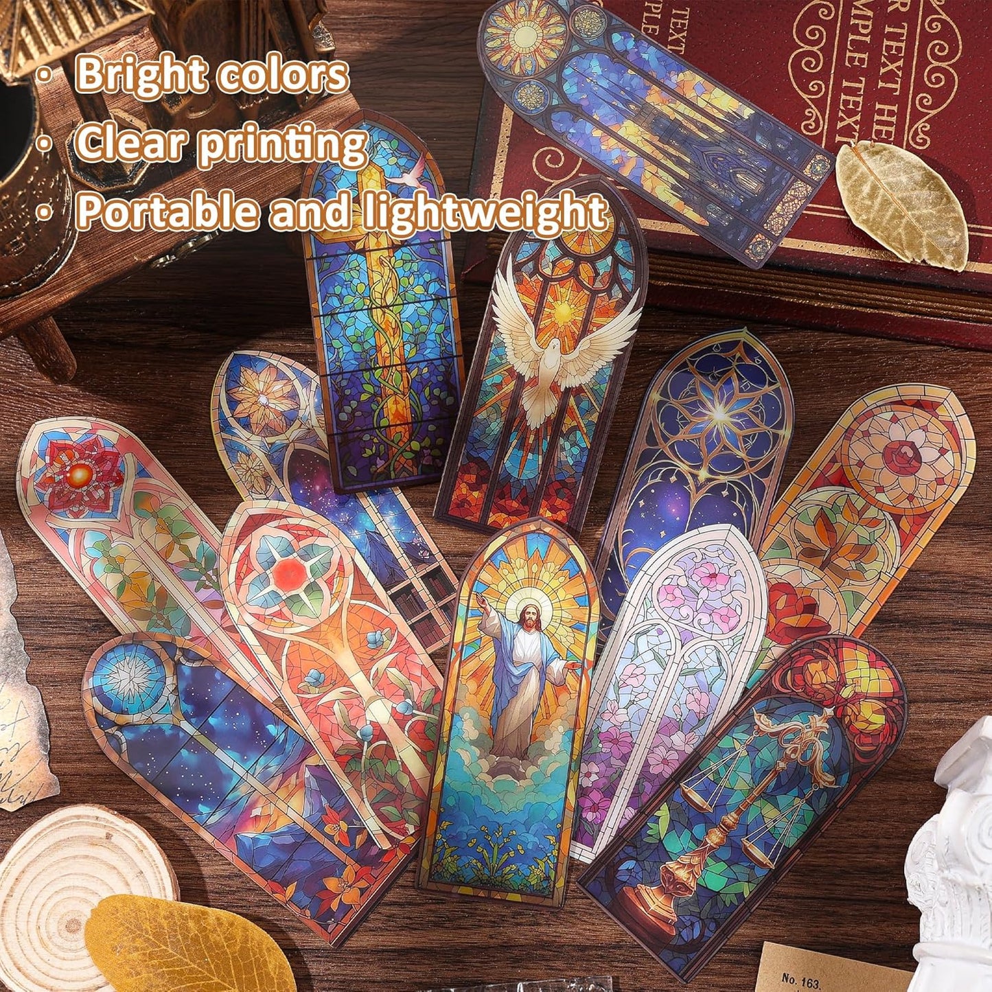12 PCS Stained Glass Theme PET Bookmarks for Women, Lightweight Church Window Bookmark Set Artistic Book Mark for Girls, Readers, Teenage, Christmas New Year Gift Birthday Present for Book Lovers