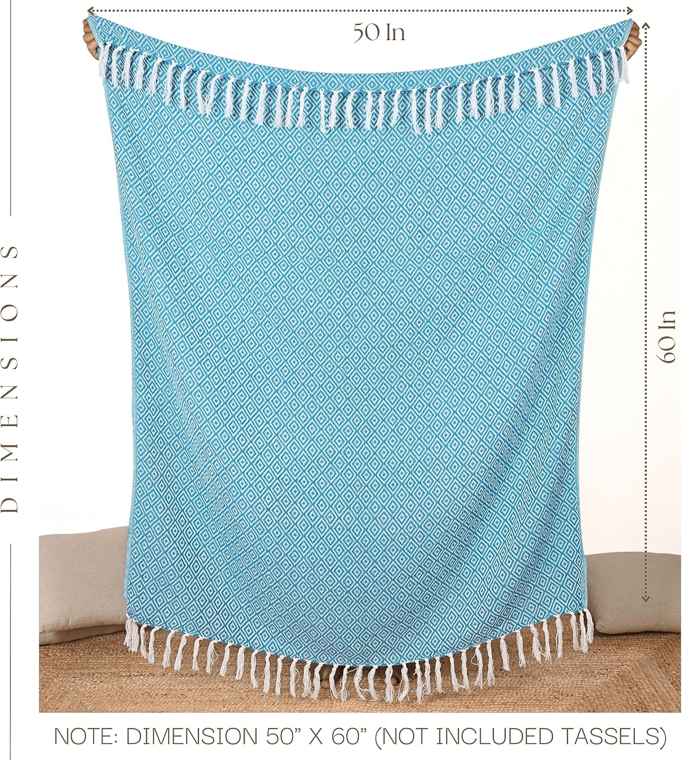 RAJRANG Throw Blanket Cotton with Tassel - 50x60 Inches Soft 100% Cotton Boho Decorative Farmhouse Throw for Bed Sofa Chairs and Couch Caribbean Sea Blue