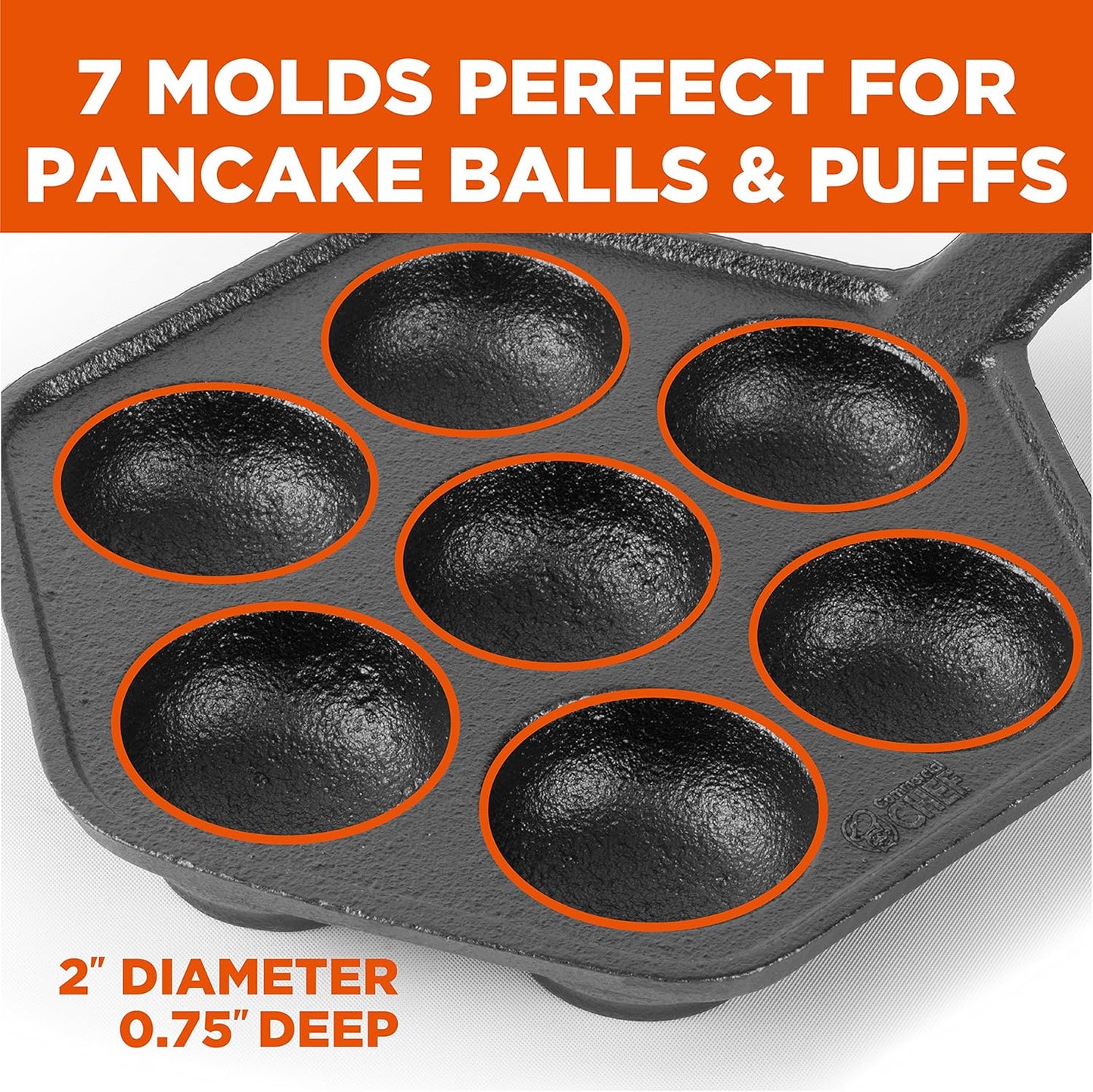 Commercial CHEF Danish Aebleskiver Pan, Pre-Seasoned Cast Iron, Seven Sections For Mini Puffs and Pancake Balls, Works on All Cooktops Including Induction, Outdoor Cookware for Grills, CHCI4105