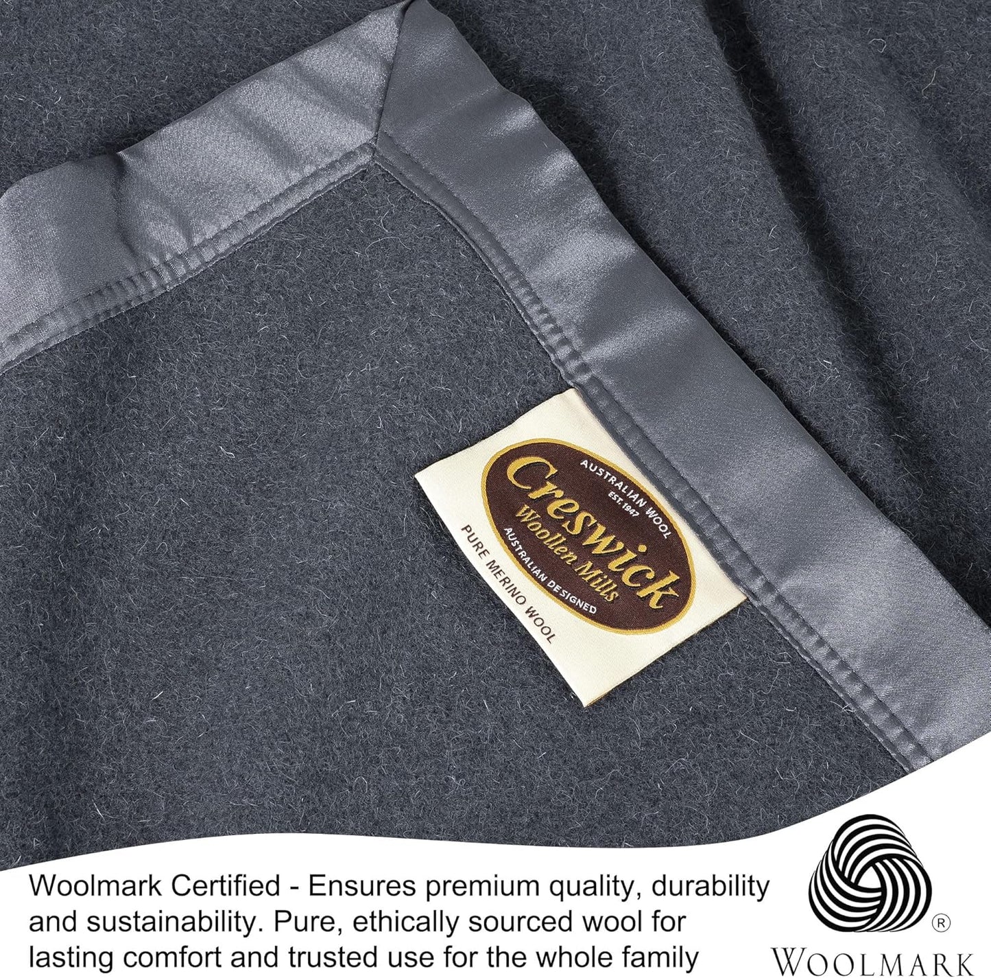 Creswick Woollen Mills 100% Australian Merino Wool Blanket – Soft Warm and Natural with Satin Binding, Breathable Luxury Bedding for All Seasons, (Charcoal, Full/Queen Size)