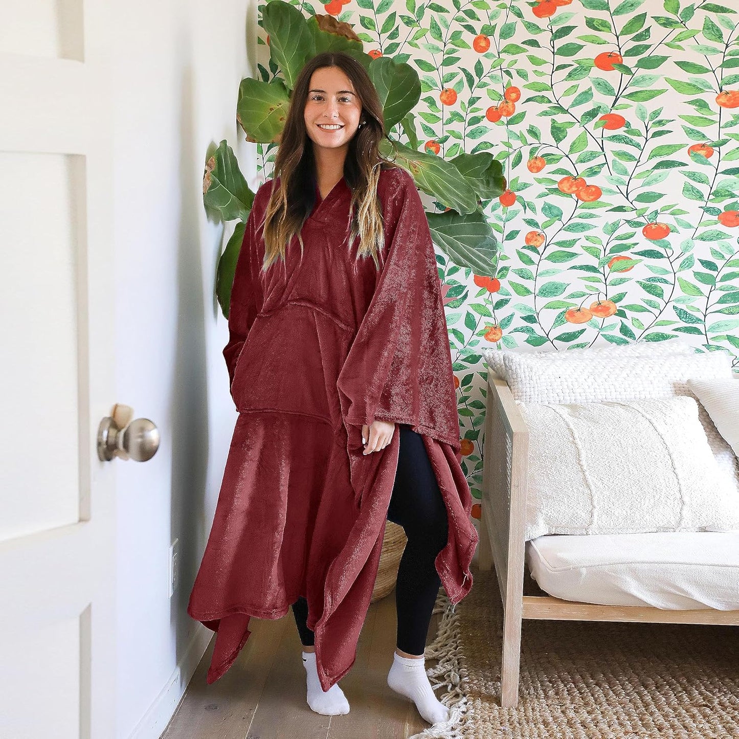 Poncho Blanket Super Soft Comfy Plush Wearable Fleece Blankets Gift for Adult Women Men Kids Throw Wrap Cover Indoors & Outdoors, 55''x 80'' Wine