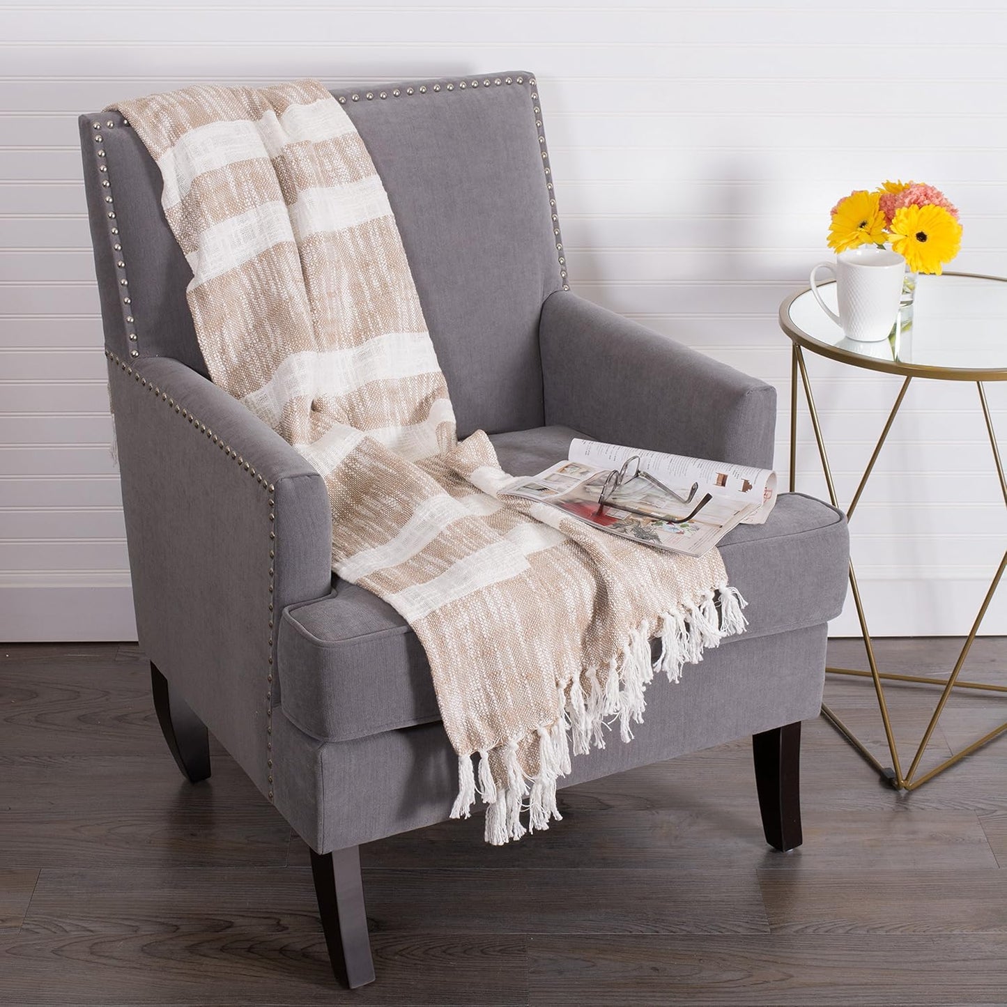 DII Mid-Century Modern Slub Stripe Woven Throw, Taupe, 50x60