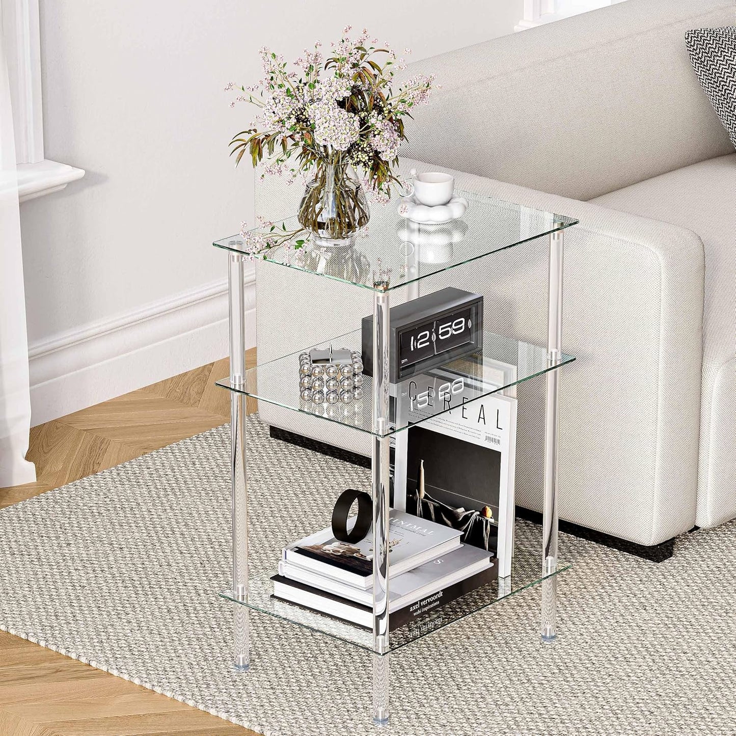 Tempered Glass Side Tables Set of 2 Acrylic End Table with 3 Storage Shelve transparent Bedside simplicity clear 3-Tier Nightstands small Spaces Office Bedroom Living Room Study Transparent ET-008TR3T