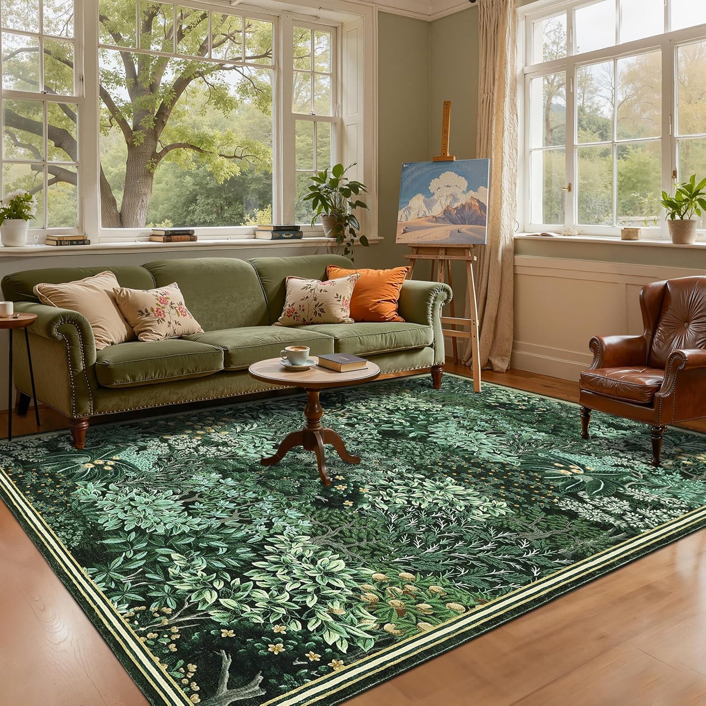 GarveeHome Forest Rugs 8x10, Dark Green Washable 8x10 Area Rug for Living Room, Botanical Low Pile Non Slip Stain Resistance Large Carpet for Office Dining Room, Farmhouse
