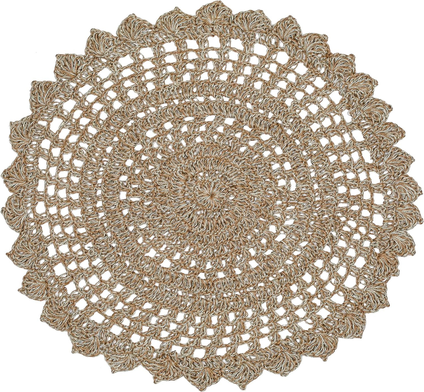 Jute Hand Crochet Rug, Natural/Spa Grey - 3 Feet Round, Non Slip Decorative Accent Floor Rugs for Entryway, Kitchen, Living Room, Nursery | Farmhouse Small Scalloped Rustic Door Mat for Patio Décor