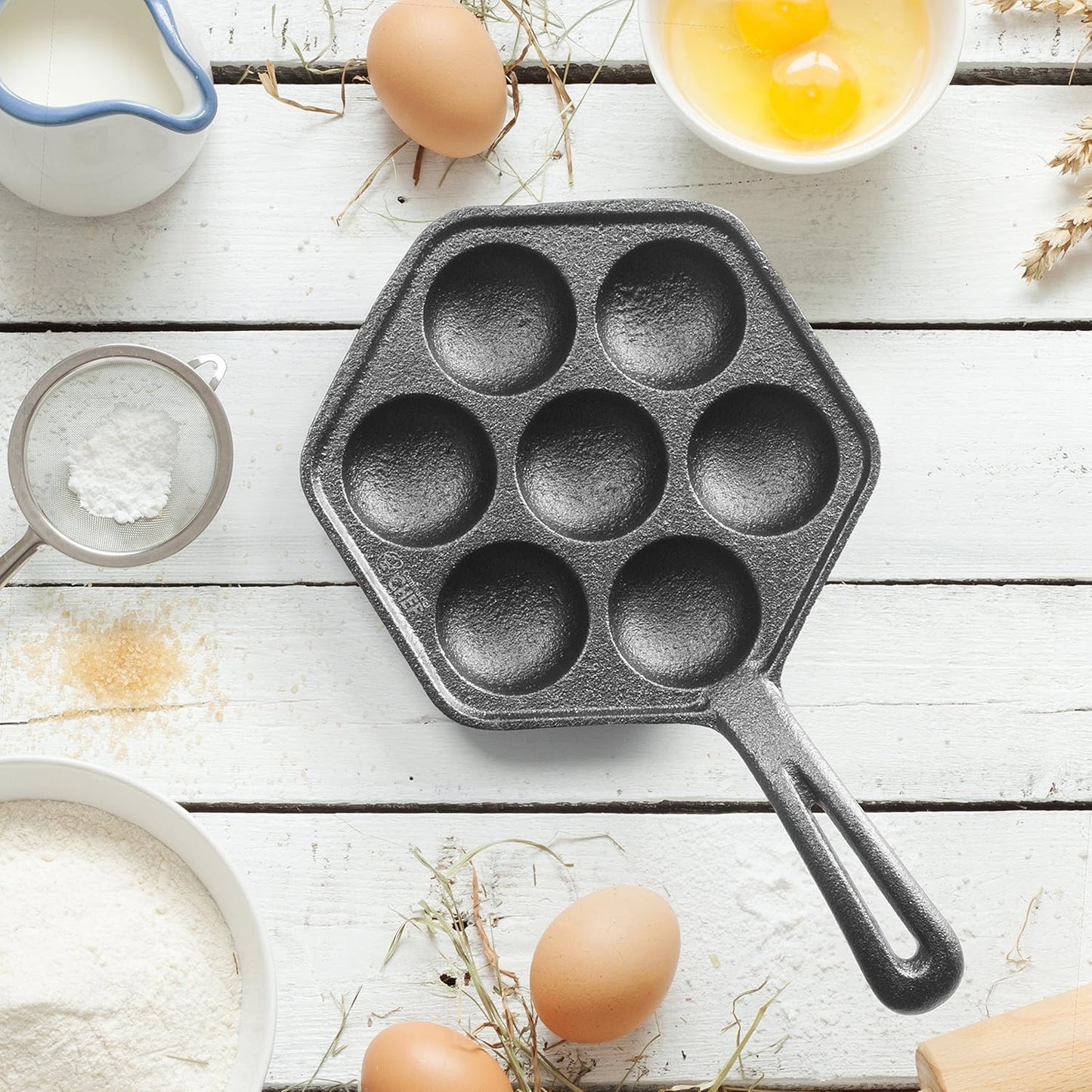 Commercial CHEF Danish Aebleskiver Pan, Pre-Seasoned Cast Iron, Seven Sections For Mini Puffs and Pancake Balls, Works on All Cooktops Including Induction, Outdoor Cookware for Grills, CHCI4105