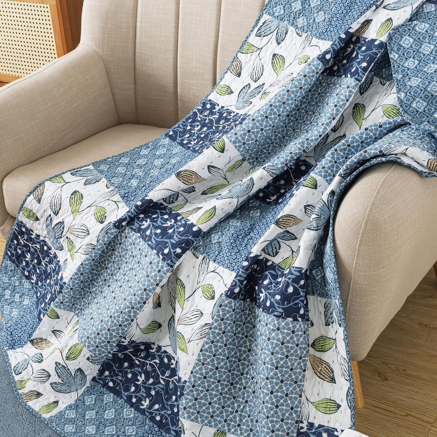 SLPR Pacific Coast 50" x 60" Quilted Throw Blanket, Blue and White Floral Patchwork Throw Quilt for Couch and Bed, Lightweight Lap Quilt