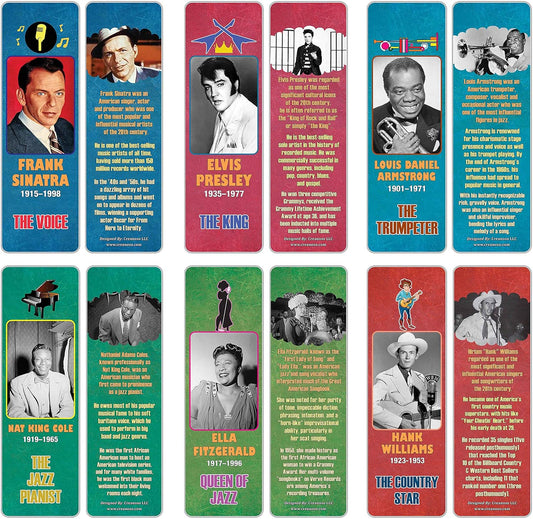Creanoso Historical Fact American Famous Musicians Bookmark Cards (30-Pack) – Learning Reading Bookmarks Collection Set – Stocking Stuffers for Boys, Girls, Kids – Classroom Incentives - Gift Tokens