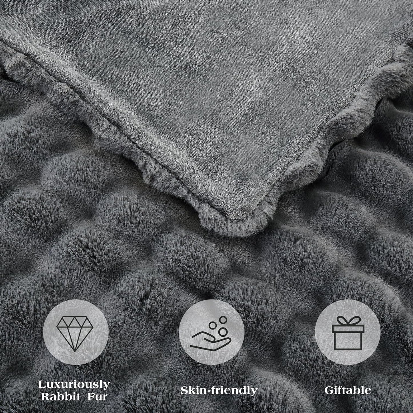 JONIYEAR Solid Thick Bubble Faux Rabbit Fur Throw Blanket 50" x 60", Decorative Bumpy Cute Cozy Fluffy Gray Warm Blanket for Winter,Reversible Luxe Fuzzy Textured Poofy Comfy Shag Furry Blankets, Grey