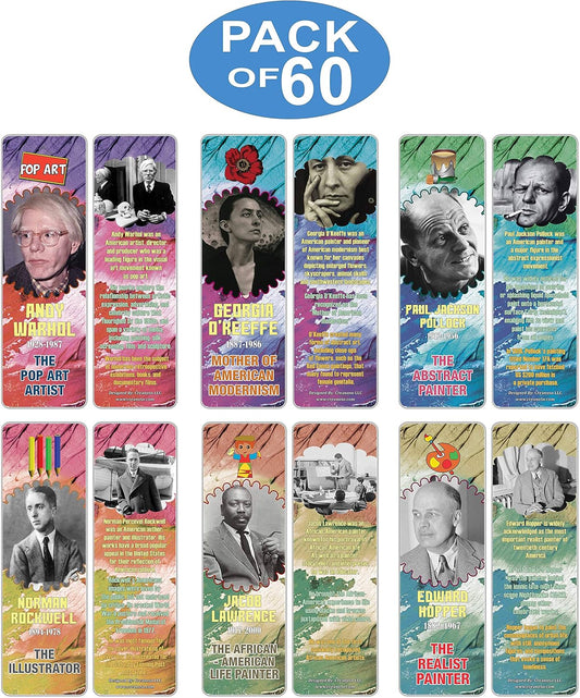 Creanoso Historical Fact American Famous Artists Bookmark Cards (60-Pack) – Learning Reading Bookmarks Collection Set – Stocking Stuffers for Boys, Girls, Kids – Classroom Incentives - Gift Tokens