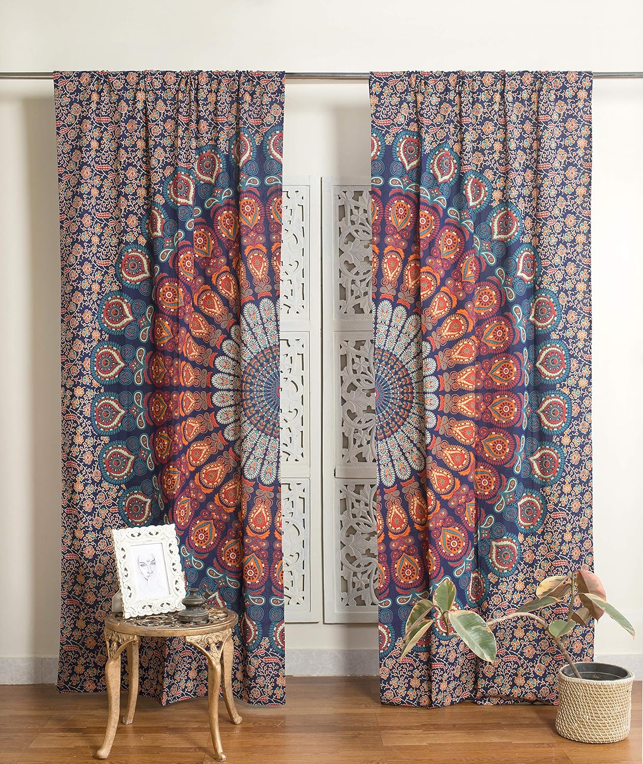 Popular Handicrafts Indian Hippie Bohemian Beautiful Peacock Mandala Curtain Panels Room Divider Blue