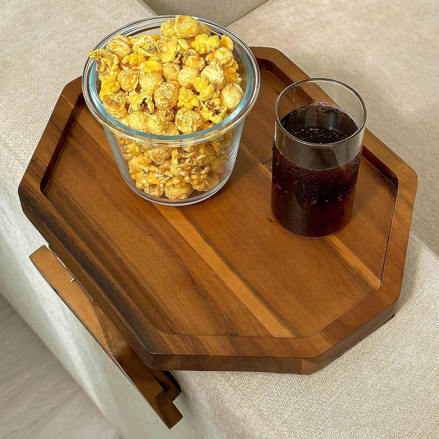 Tinamo Octagonal Acacia Sofa Arm Tray, Couch Armrest Table with Folding Arms - Armchair Caddy, Clip on Tray with Adjustable Arm Hinges for Home Sofa Living Room (Acacia, Octagon)