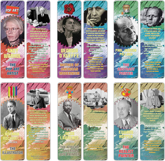 Creanoso Historical Fact American Famous Artists Bookmark Cards (60-Pack) – Learning Reading Bookmarks Collection Set – Stocking Stuffers for Boys, Girls, Kids – Classroom Incentives - Gift Tokens