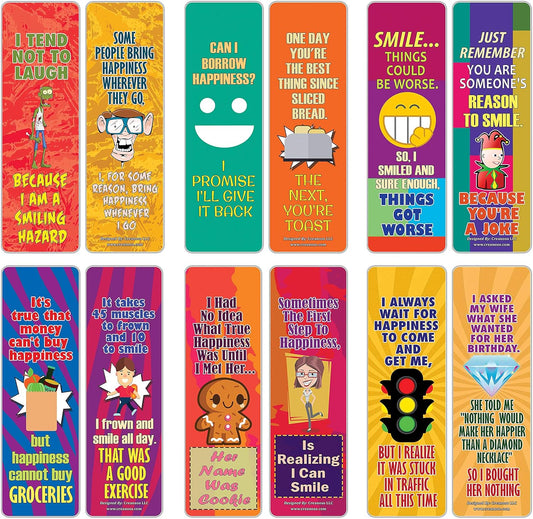 Creanoso Funny One Liners Jokes Happiness Bookmarks Series 3 (12-Pack) – Unique Stocking Stuffers Gifts for Men, Women, Unisex Adults – Cool Book Page Clippers Collection Set – Awesome Giveaways