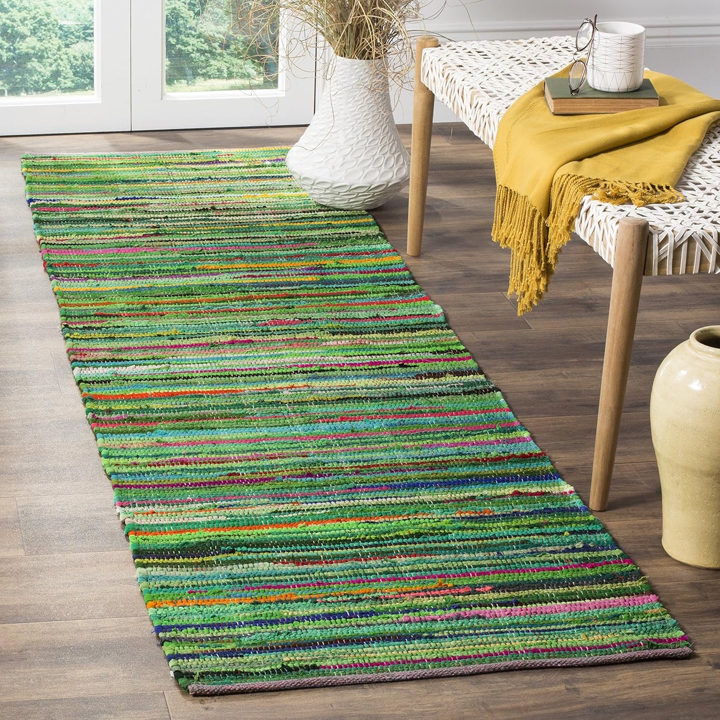 SAFAVIEH Rag Rug Collection Accent Rug - 2'3" x 5', Green & Multi, Handmade Boho Stripe Cotton, Ideal for High Traffic Areas in Entryway, Living Room, Bedroom (RAR240E)