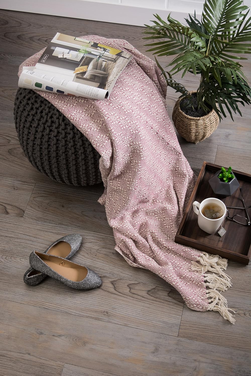 DII Diamond Stitch Woven Throw, Organic Modern, 50 x 60, Rose