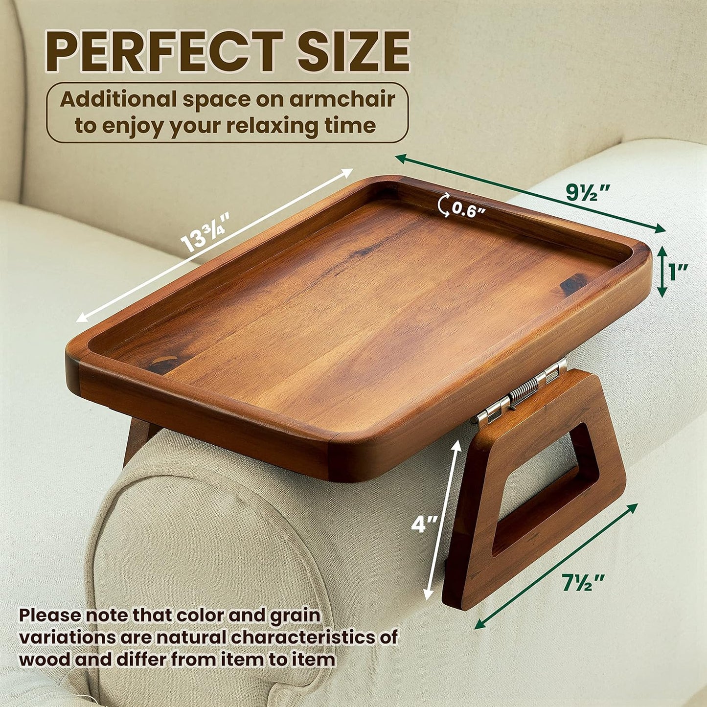 Tinamo 13.75" x 9.5" Acacia Couch Arm Table, Wooden Sofa Arm Tray, Armrest Table for Couch Wooden Sofa Armrest Tray, Clip-on Tray for Wide Couch - Side Table for Eating & Drink, Snack, Phone, Remote