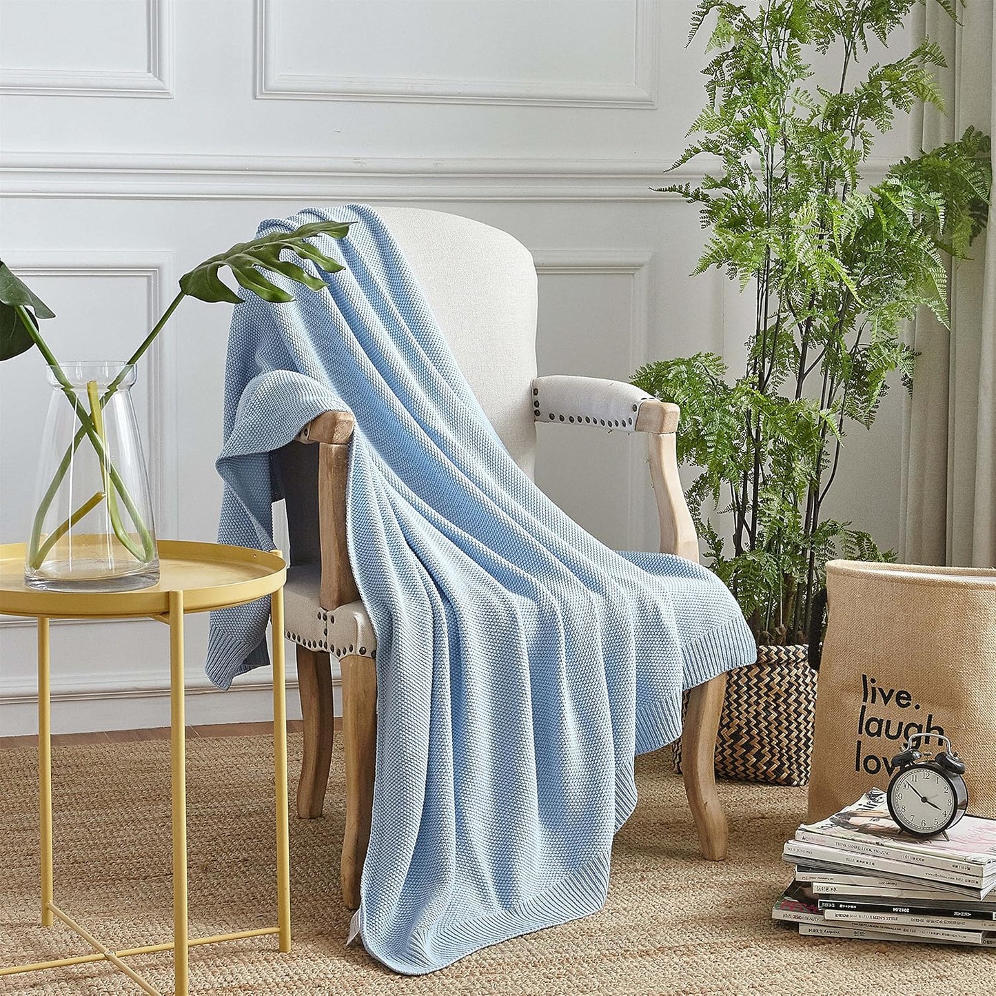 Longhui bedding 100% Cotton Light Blue Cable Knit Throw Blanket for Couch Sofa Bed Home Décor – Lightweight 50“ x 60”, Bonus Laundering Bag, Machine Washable