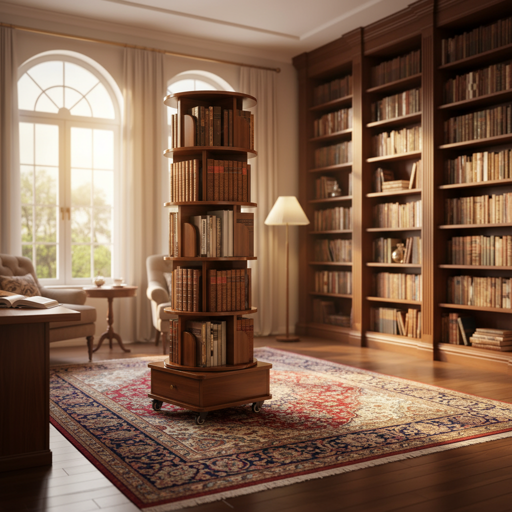 5-Tier Rotating Bookshelf Tower on Wheels - Space-Saving Woo — reading lifestyle