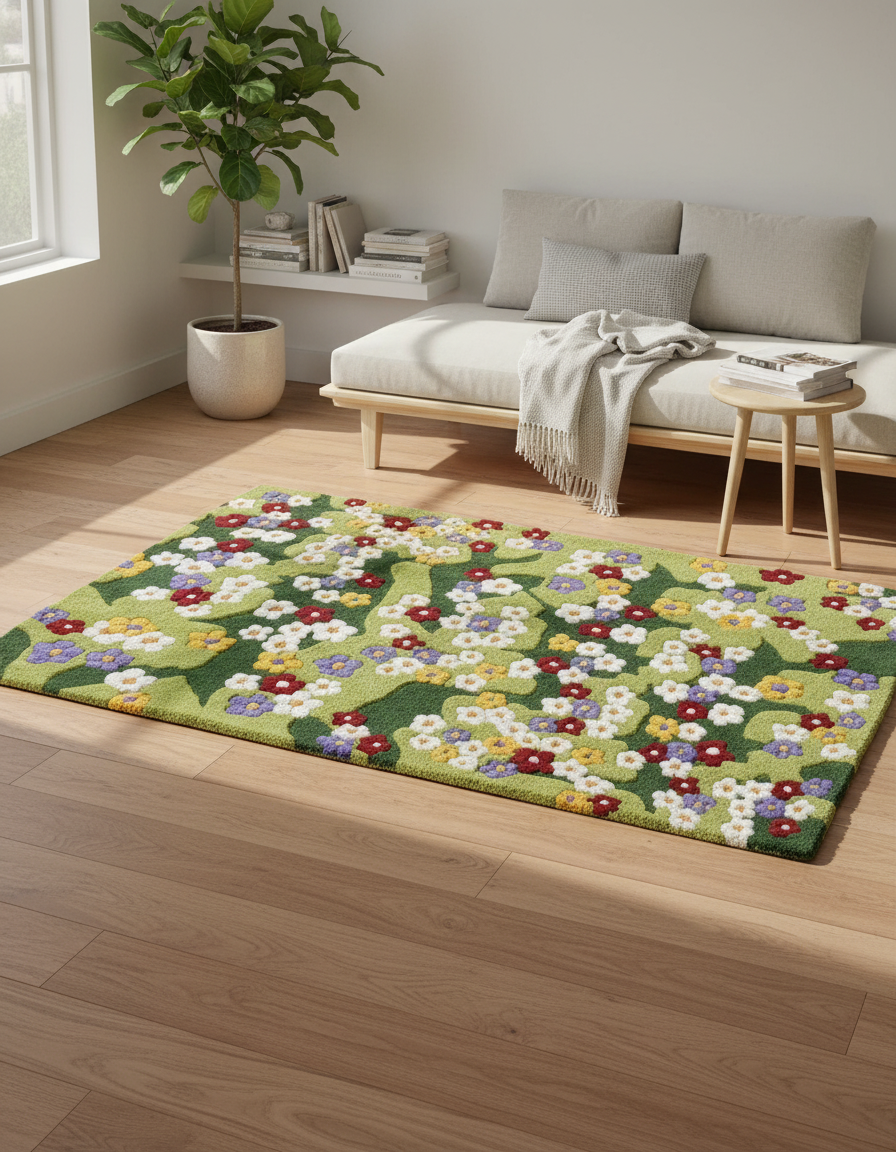 Floral Tufted Area Rug, Green Meadow Flower Pattern, Multico — reading lifestyle