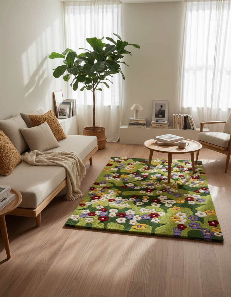 Floral Tufted Area Rug, Green Meadow Flower Pattern, Multico — reading lifestyle