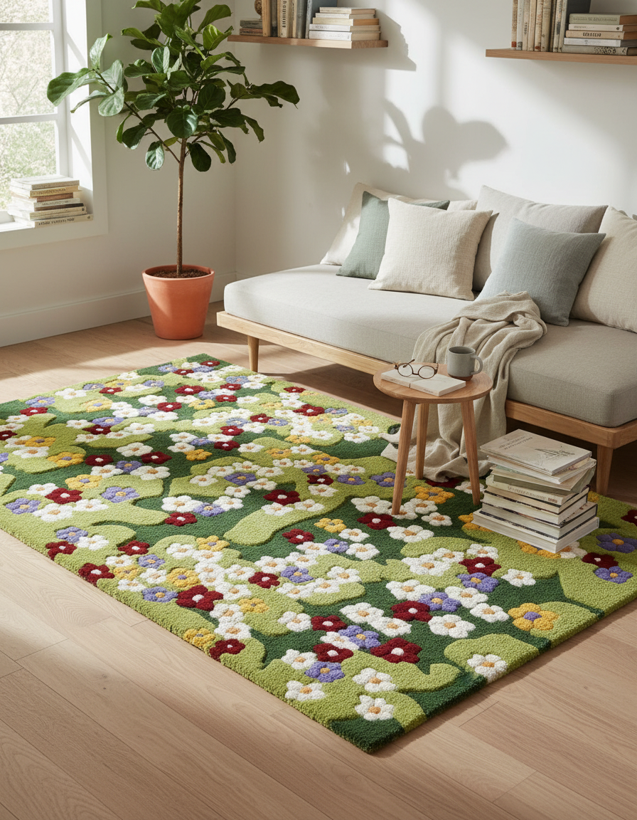 Floral Tufted Area Rug, Green Meadow Flower Pattern, Multico — reading lifestyle