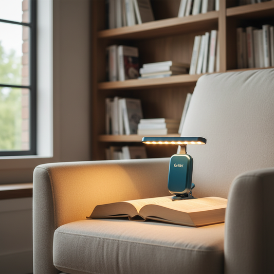 Gritin 9 LED Rechargeable Book Light for Reading in Bed - Eye Caring 3 Color Temperatures,Stepless Dimming Brightness,80 Hrs Runtime Small Lightweight Clip On Book Reading Light-Pacific Blue — lifestyle