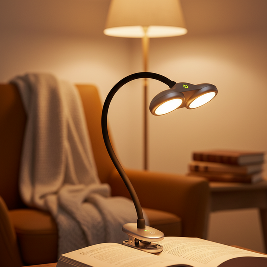 Glocusent Book Light, 3-Color & 6-Brightness Reading Light, Bendable Neck Light, 80-hr Lasting Rechargeable Book Light, Perfect Reading Lights for Books in Bed, Knitting, Repairing, Book Lovers Gifts — lifestyle