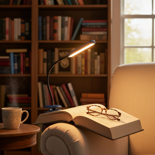 Gritin 19 LED Rechargeable Book Light for Reading in Bed with Memory Function- Eye Caring 3 Color Temperatures,Stepless Dimming Brightness,90 Hrs Runtime Clip on Light for Book Lovers-Pacific Blue — lifestyle