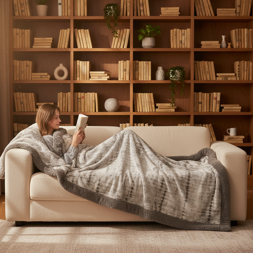 Bedsure GentleSoft Sherpa Fluffy Throw Blanket - Fleece Warm and Cozy Throw for Women Gift, Plush & Fuzzy Faux Fur Blanket for Couch, Sofa, Bed Decor, Tie Dye Design, Grey, 50x60 Inches — lifestyle