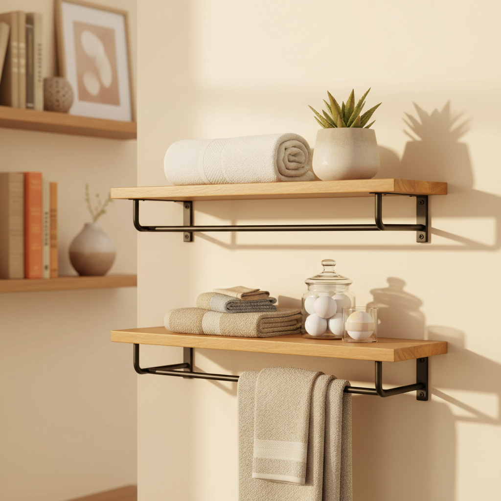 AMADA HOMEFURNISHING Bathroom Shelves with Towel Bar, Floating Shelves, Wall Shelves for Bathroom/Living Room/Kitchen/Bedroom, Light Brown, Set of 2 - AMFS01 — lifestyle